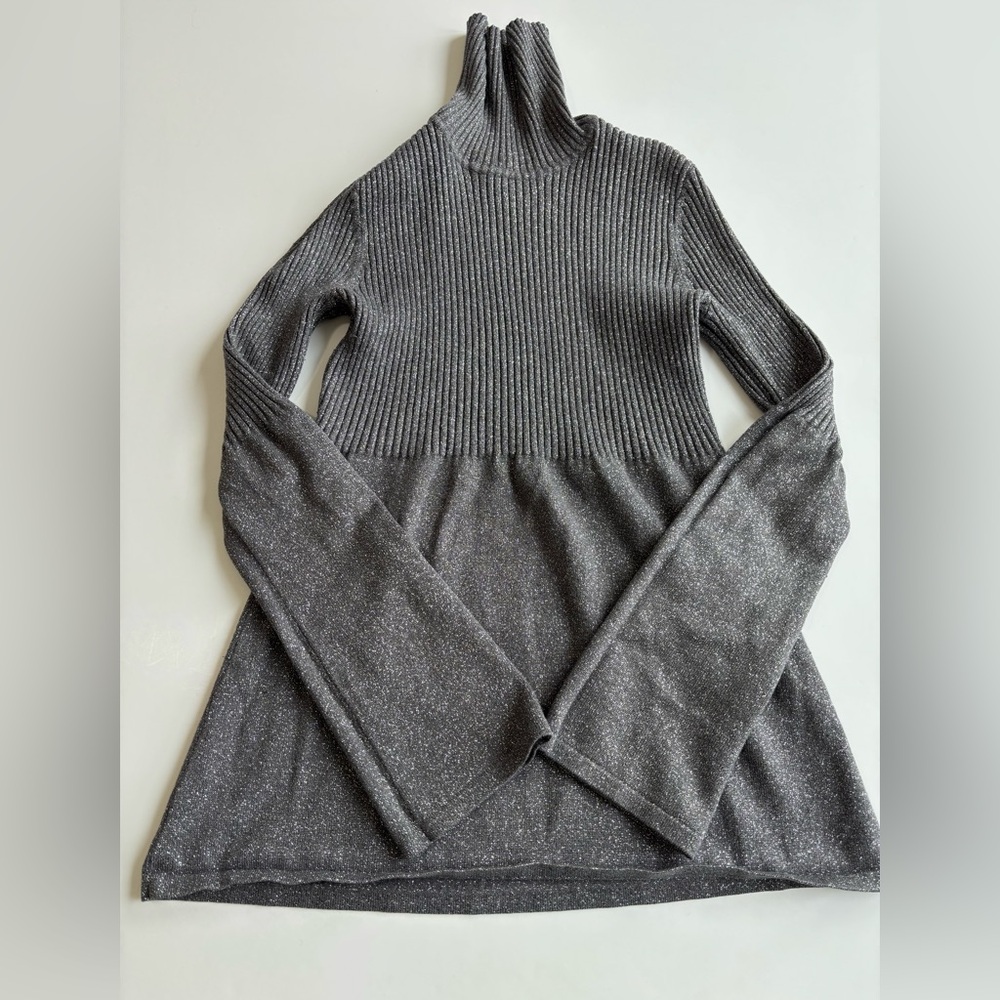 BN13 Willi Smith Glittery Charcoal Turtleneck Babydoll Blouse Bell Sleeve Small - Picture 2 of 6